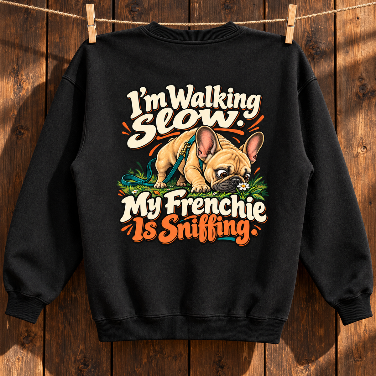 Close-up of I'm Walking Slow. My Frenchie Is Sniffing. back artwork on a black fleece sweatshirt