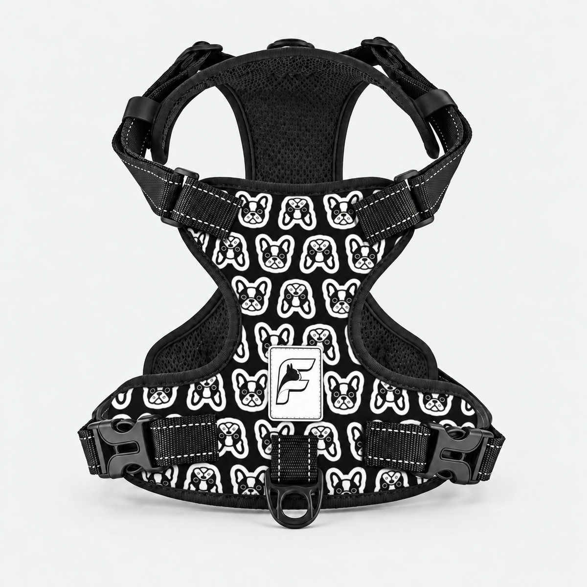 Monochrome Frenchie Portraits no-pull dog harness, black print with white portraits