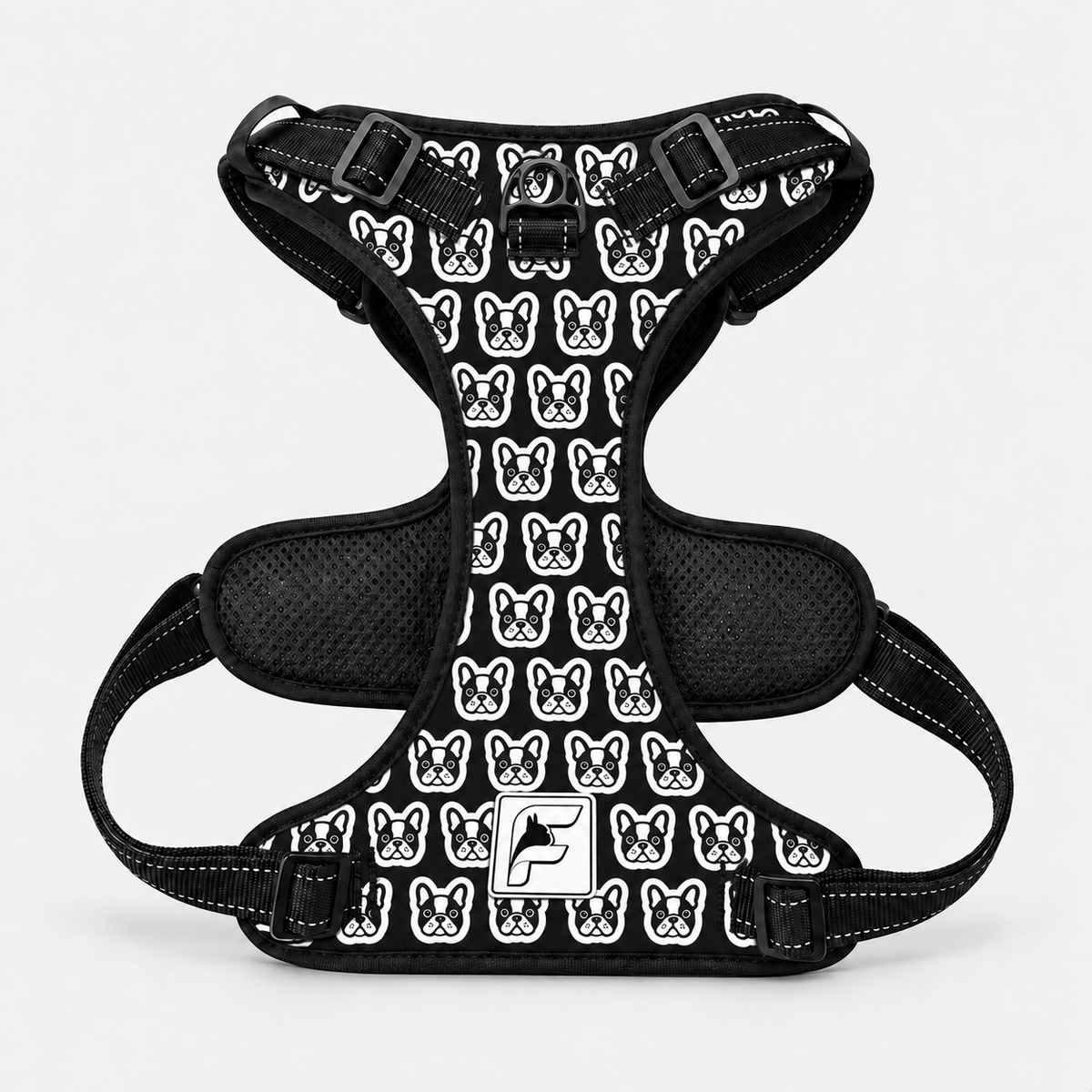 Monochrome Frenchie Portraits no-pull dog harness, black trim and adjustable neck and chest straps