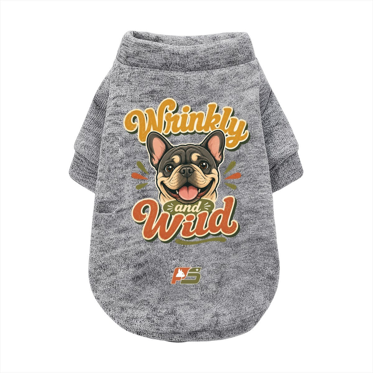 Wrinkly and Wild French Bulldog cardigan with curved hem in soft cotton-blend fabric