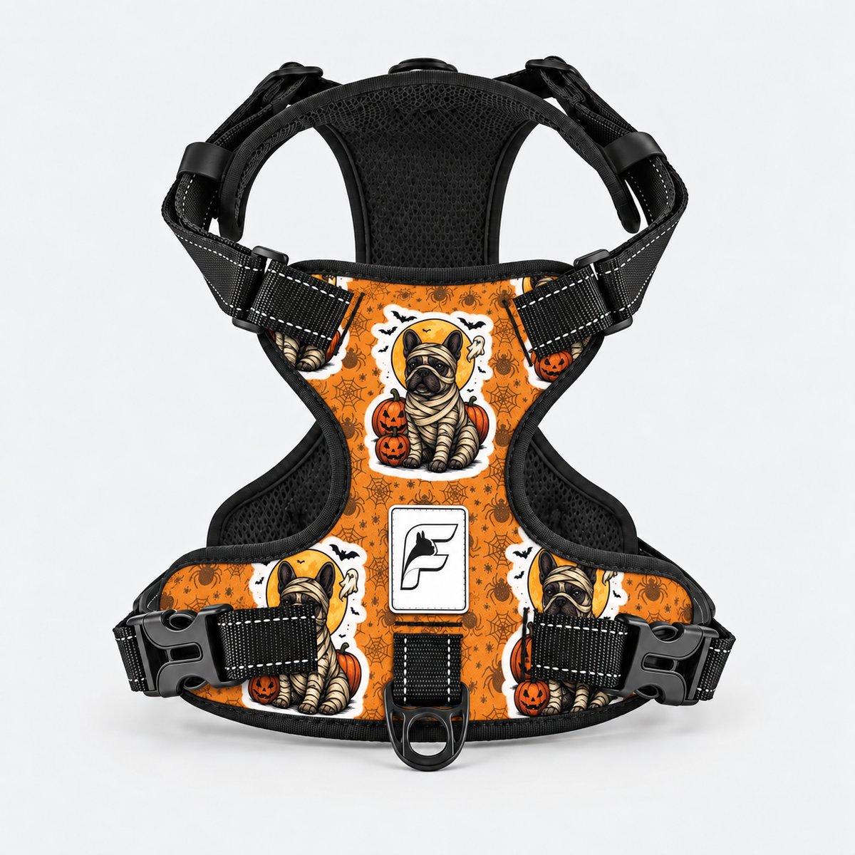 Spooky Mummy Frenchie no-pull dog harness, orange Halloween print with a mummy and pumpkins