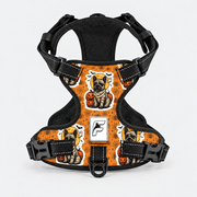 Spooky Mummy Frenchie no-pull dog harness, orange Halloween print with a mummy and pumpkins
