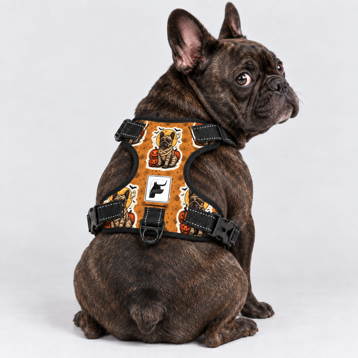 Spooky Mummy Frenchie no-pull dog harness, padded mesh lining, sizes S to XL