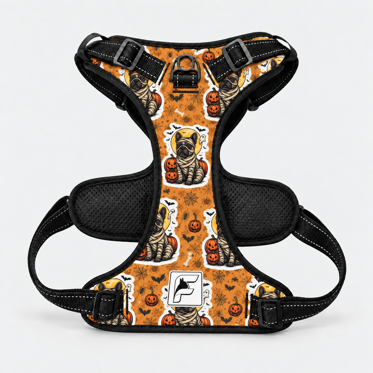 Spooky Mummy Frenchie no-pull dog harness, black trim and side-release buckles