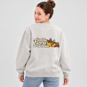 Model wearing a oat gray French Bulldog sweatshirt with Frenchie Energy. Nap Schedule. on the back