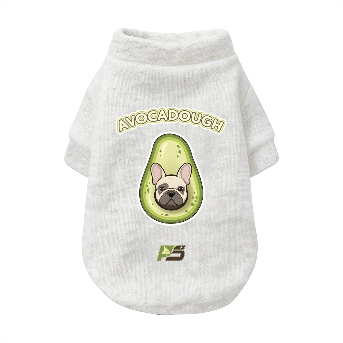Avocadough French Bulldog cardigan with finished neckline, cuffs and curved hem