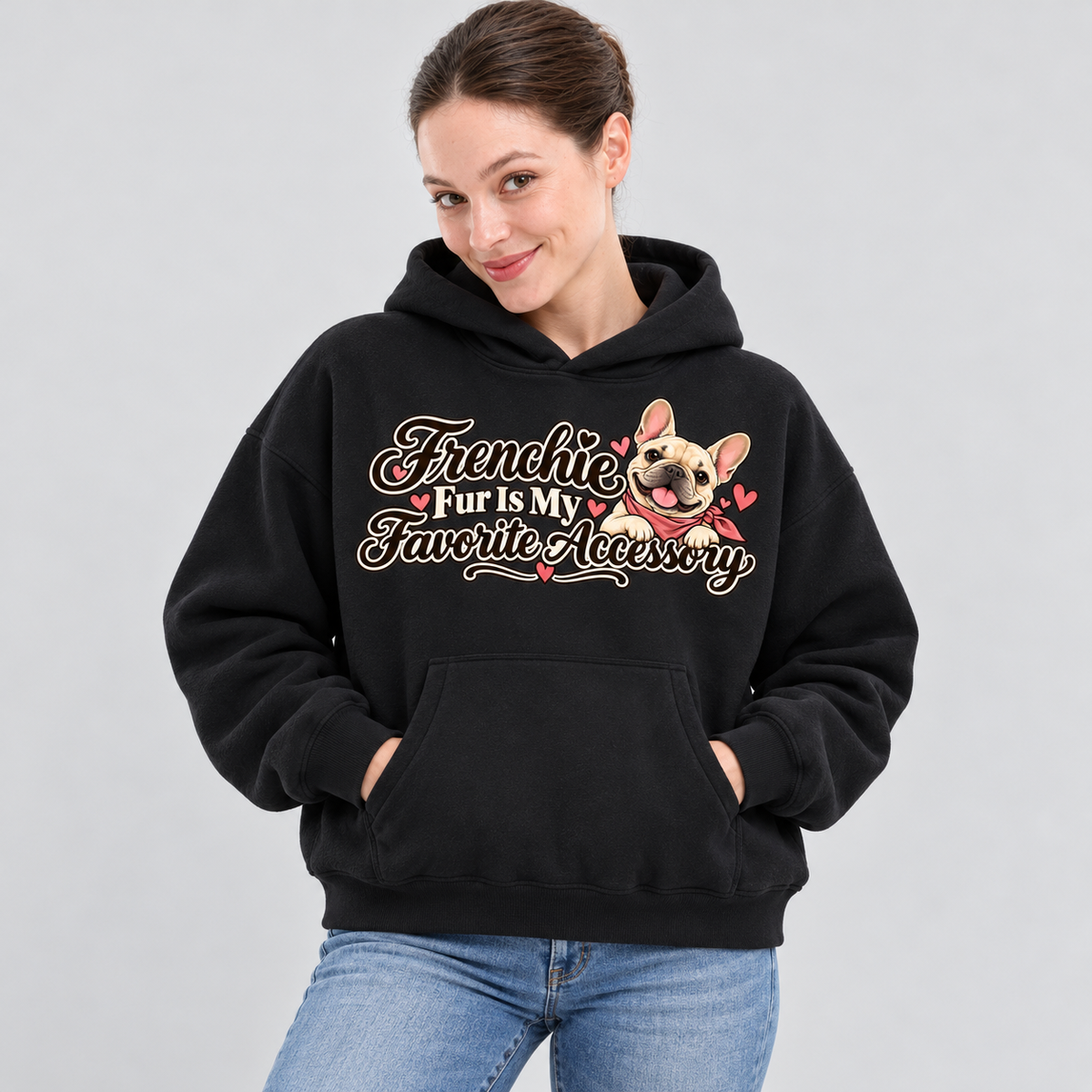 Close-up of the Frenchie Fur Is My Favorite Accessory front print on a black French Bulldog hoodie.