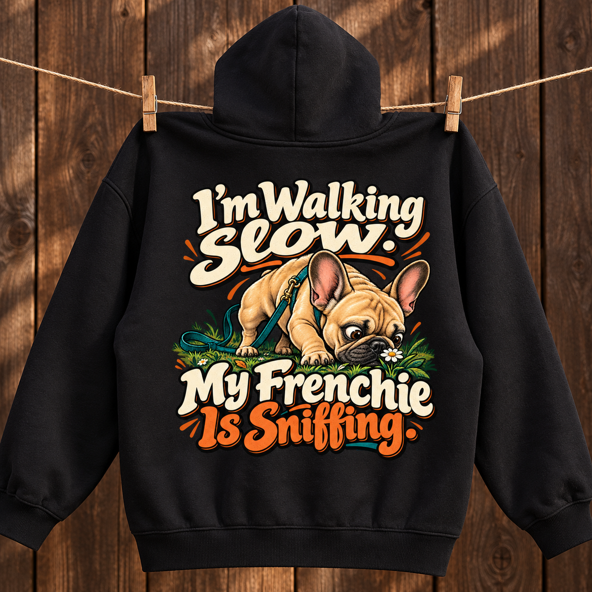 Close-up of the I'm Walking Slow. My Frenchie Is Sniffing back print on a black French Bulldog hoodie.