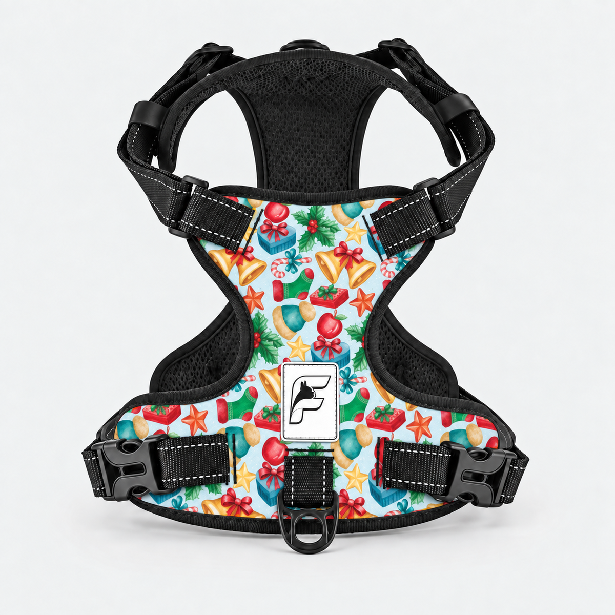 Holiday Ornaments French Bulldog harness, light no-pull vest with colourful Christmas ornament print