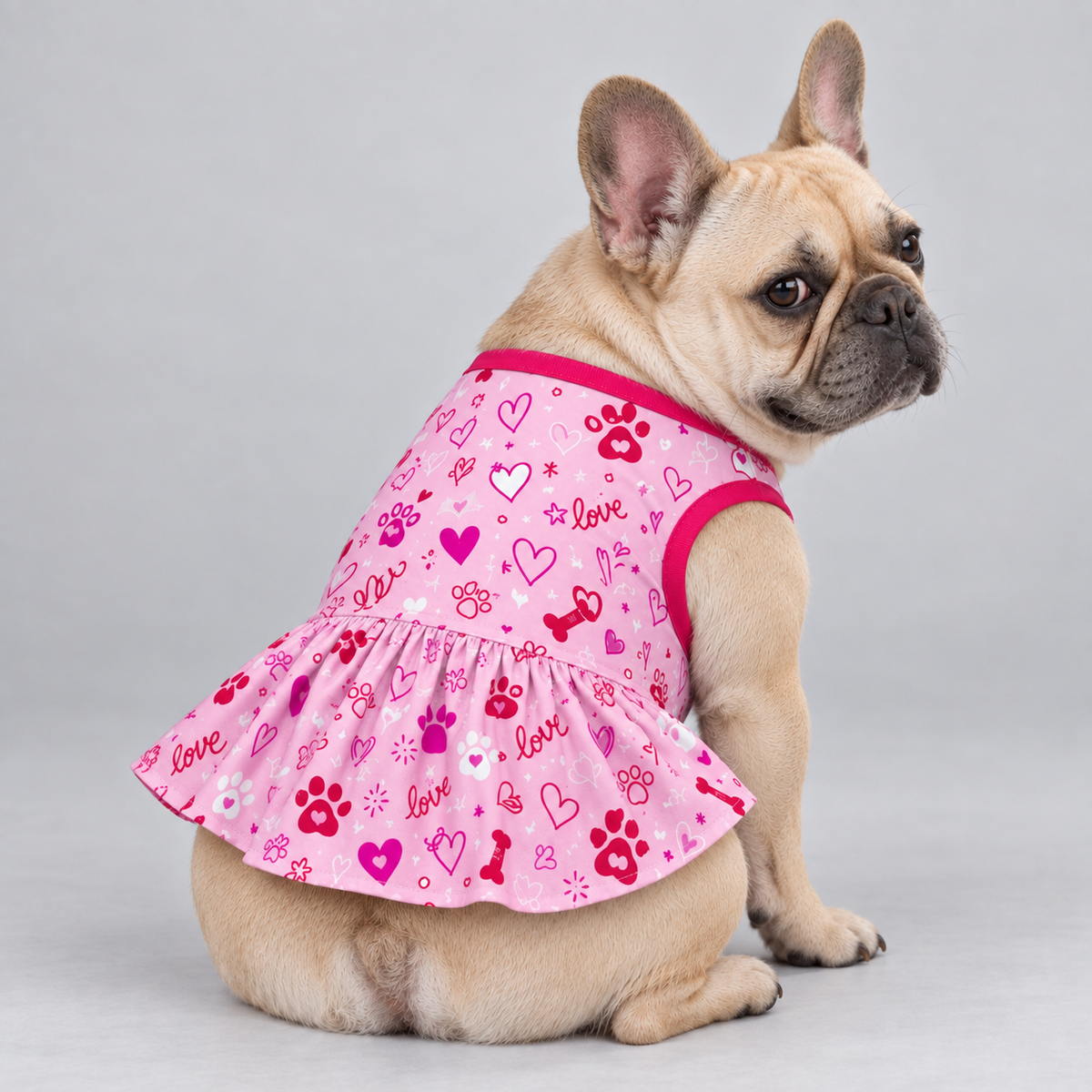 Puppy Love Paw Print French Bulldog Ruffle Dress