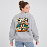 Model wearing a flower gray French Bulldog sweatshirt with Frenchie Walk Crew. Many Stops. Zero Regrets. on the back