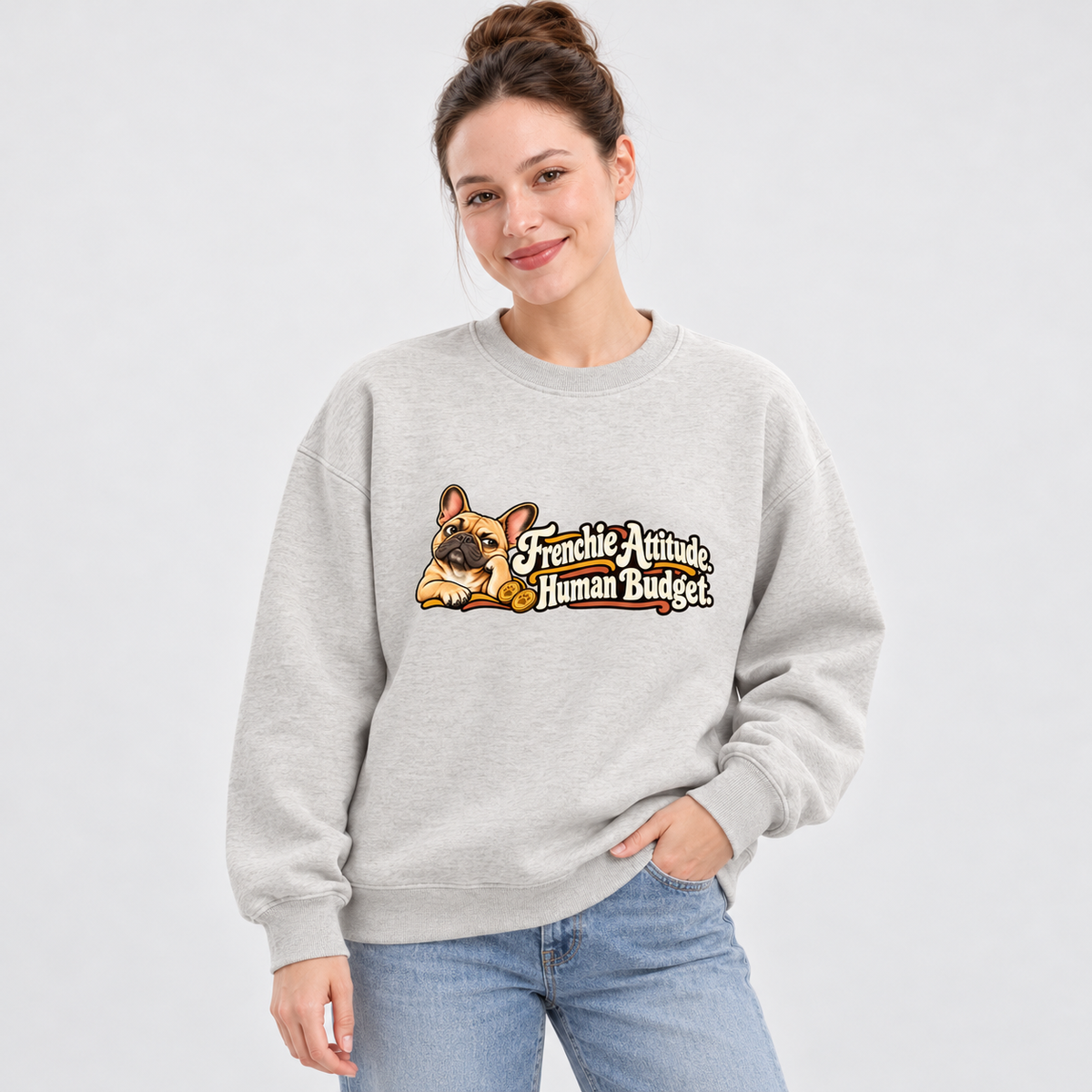 Close-up of Frenchie Attitude. Human Budget. front artwork on a oat gray fleece sweatshirt