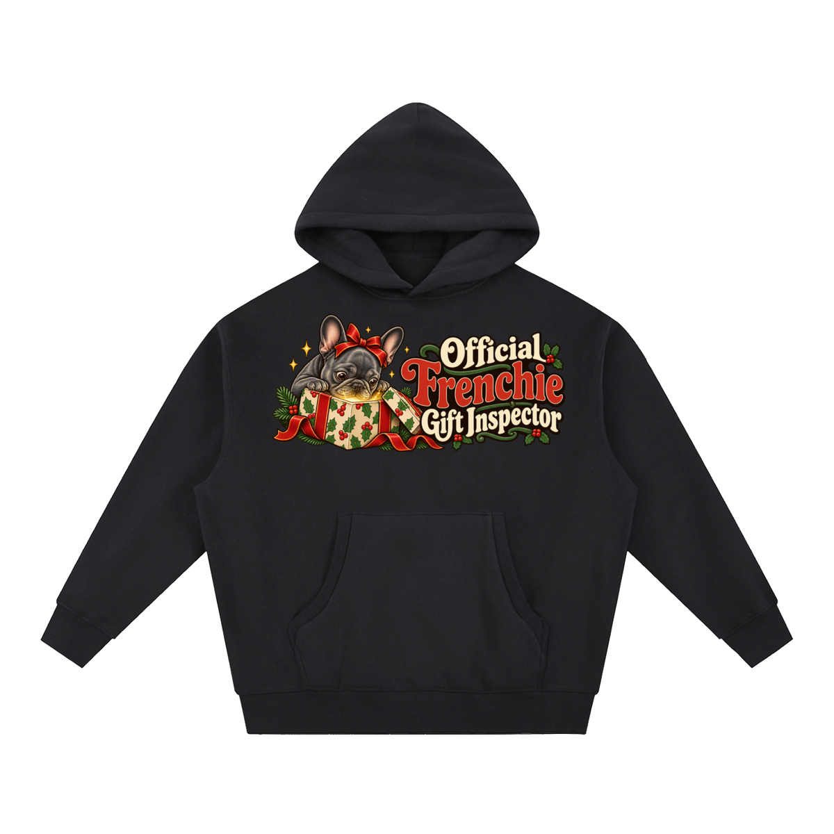 Black French Bulldog hoodie showing the Official Frenchie Gift Inspector front artwork.