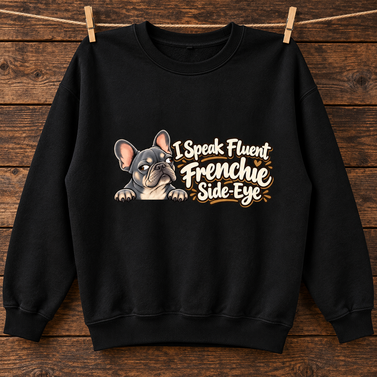 Close-up of I Speak Fluent Frenchie Side-Eye front artwork on a black fleece sweatshirt