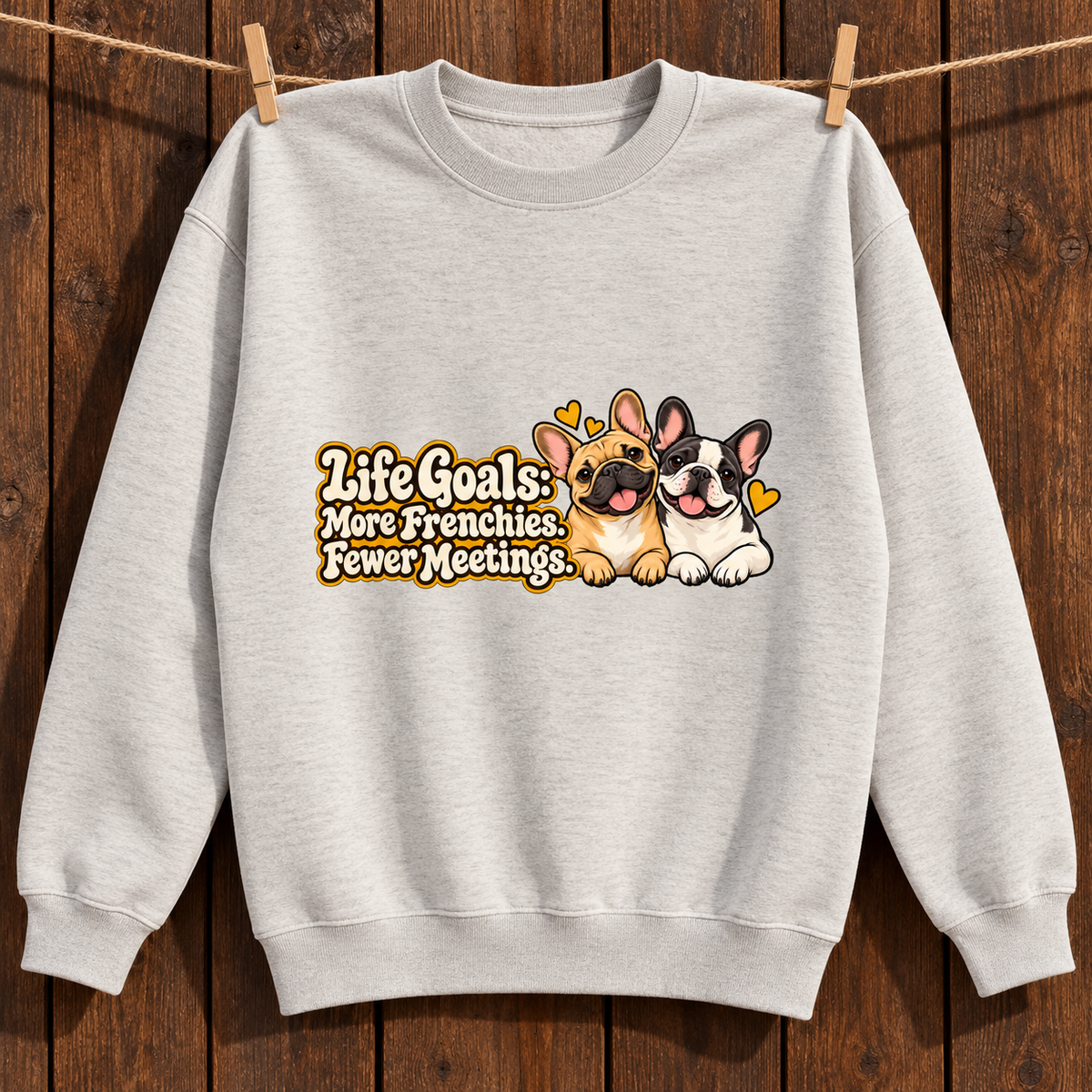 Close-up of Life Goals: More Frenchies. Fewer Meetings. front artwork on a oat gray fleece sweatshirt