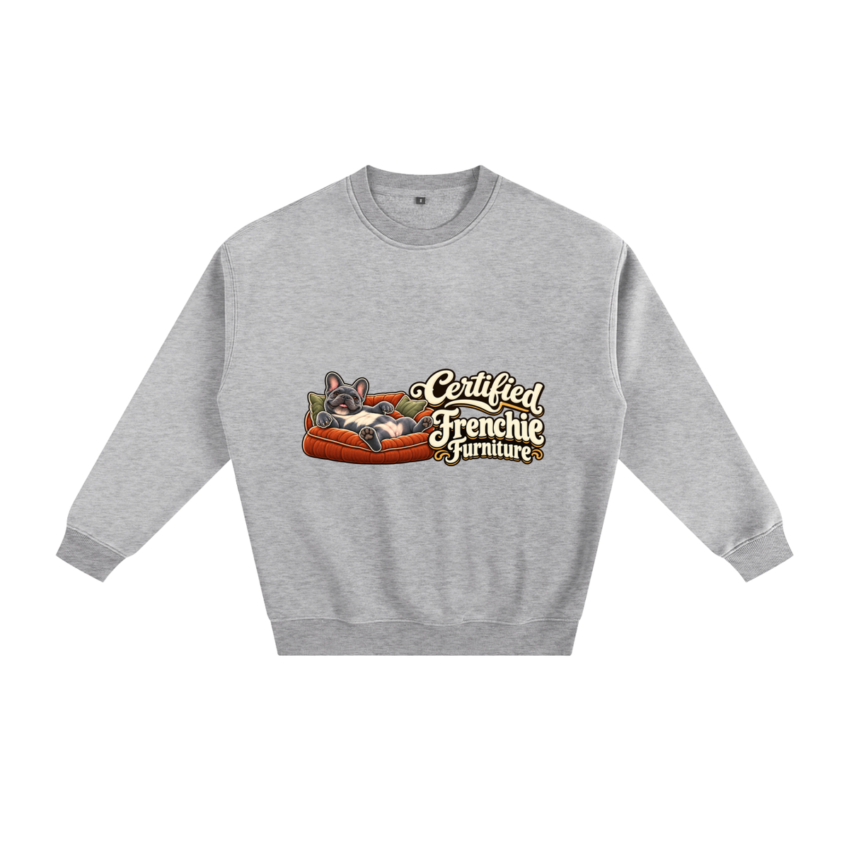Flower Gray French Bulldog sweatshirt front with Certified Frenchie Furniture artwork