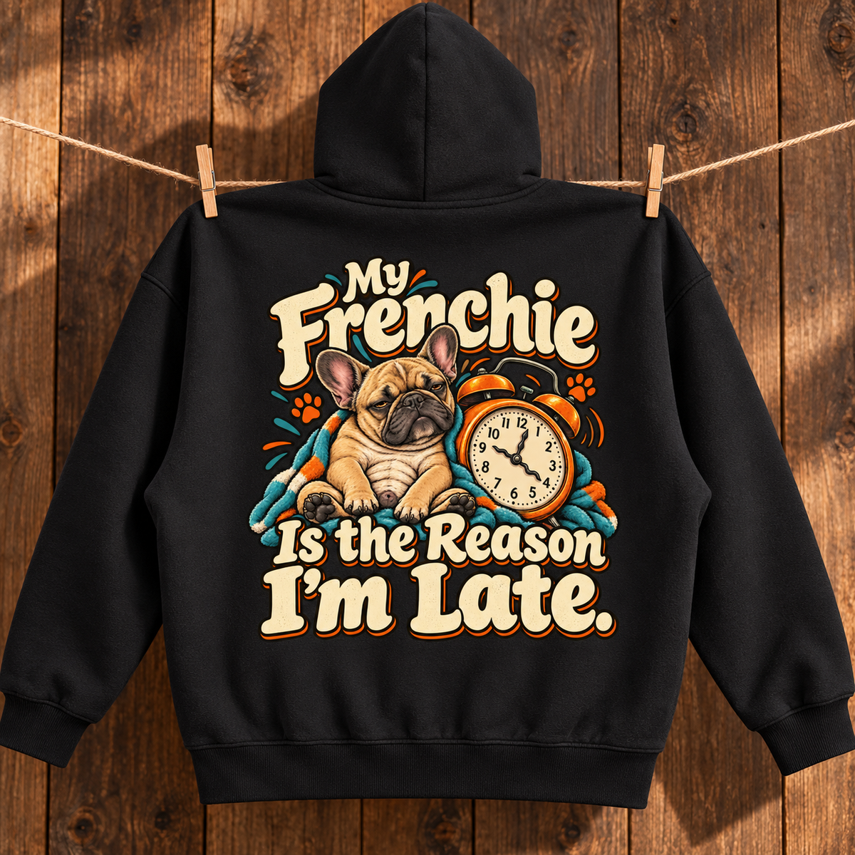 Woman wearing a black French Bulldog hoodie with the My Frenchie Is the Reason I'm Late back print.