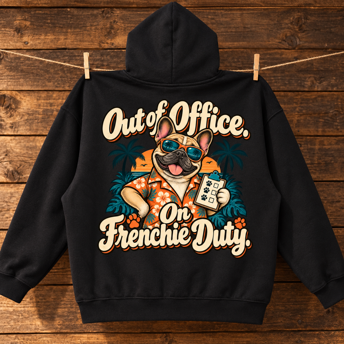 Woman wearing a black French Bulldog hoodie with the Out of Office. On Frenchie Duty back print.
