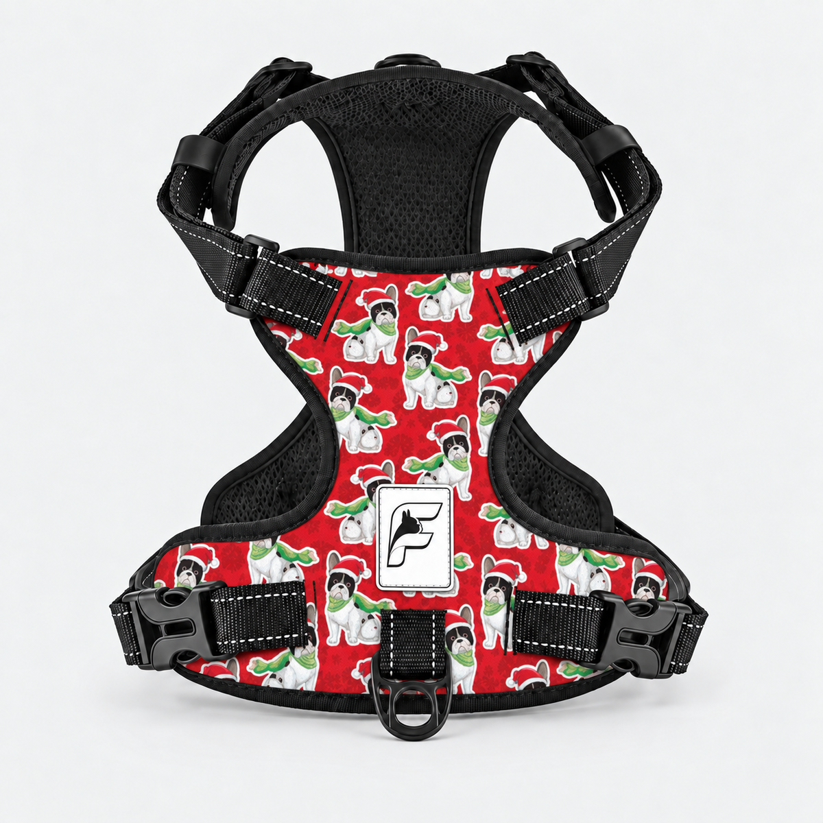 Christmas Scarf Frenchie dog harness, red no-pull vest with scarf-wearing dog print and black trim