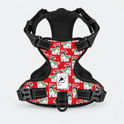 Christmas Scarf Frenchie dog harness, red no-pull vest with scarf-wearing dog print and black trim
