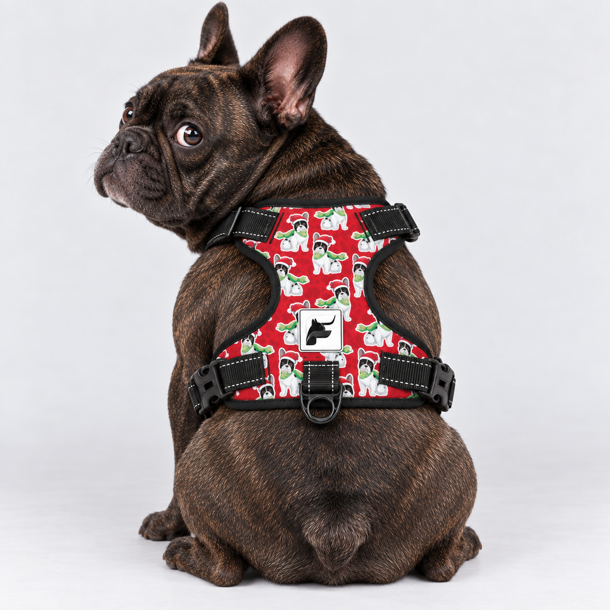 Christmas Scarf Frenchie dog harness with adjustable neck and chest straps and side-release buckles