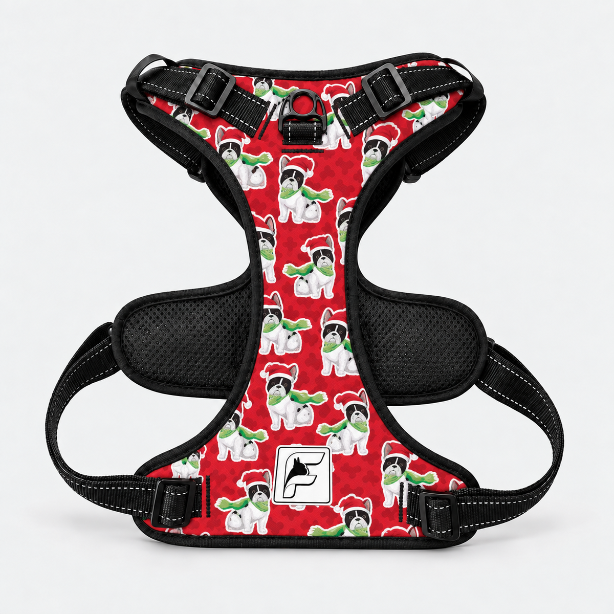 Christmas Scarf Frenchie no-pull dog harness with padded vest and breathable mesh lining