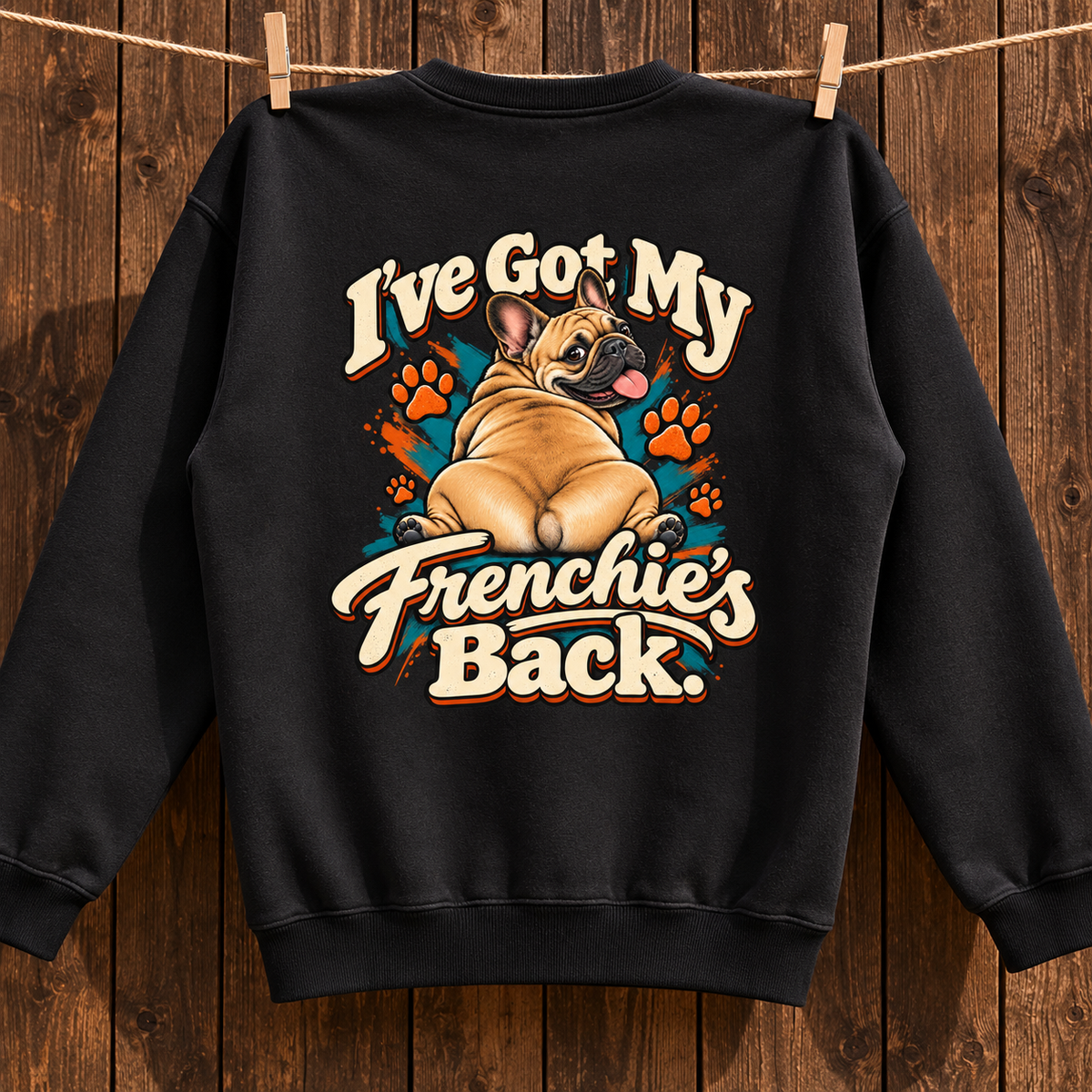 Close-up of I've Got My Frenchie's Back. back artwork on a black fleece sweatshirt