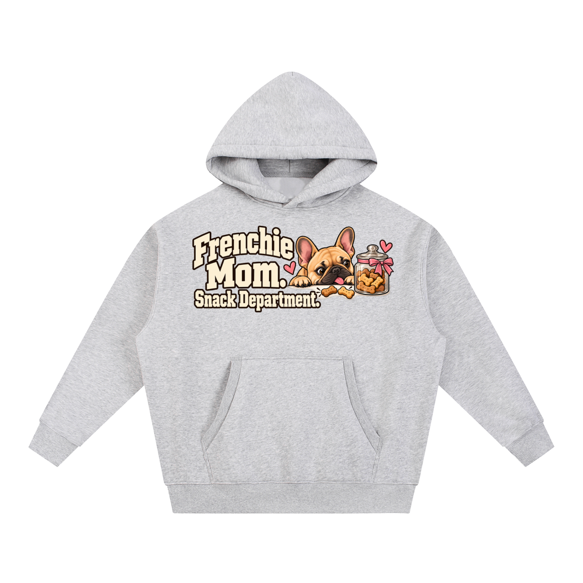 Flower Gray French Bulldog hoodie showing the Frenchie Mom. Snack Department front artwork.