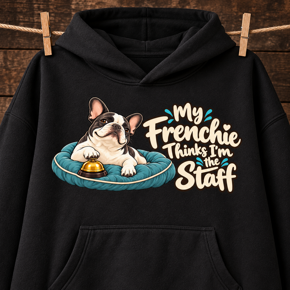 Close-up of the My Frenchie Thinks I'm the Staff front print on a black French Bulldog hoodie.