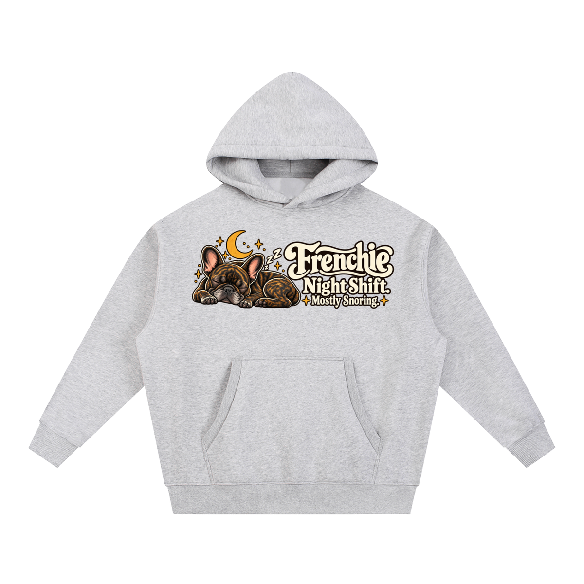 Flower Gray French Bulldog hoodie showing the Frenchie Night Shift. Mostly Snoring front artwork.