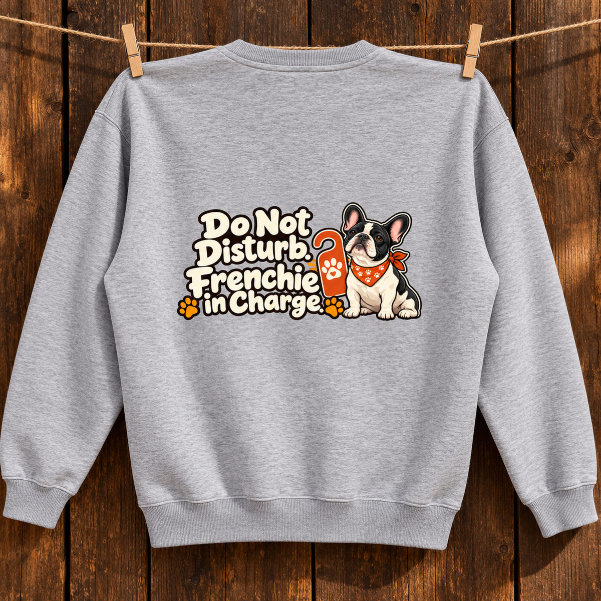 Model wearing a flower gray French Bulldog sweatshirt with Do Not Disturb. Frenchie in Charge. on the back