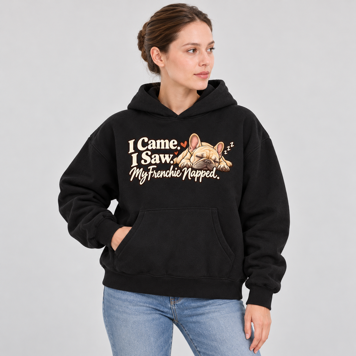Close-up of the I Came. I Saw. My Frenchie Napped front print on a black French Bulldog hoodie.