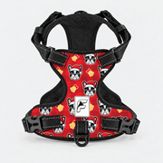 Santa Paws French Bulldog harness, red no-pull vest with Santa-hat dog and gold bell print
