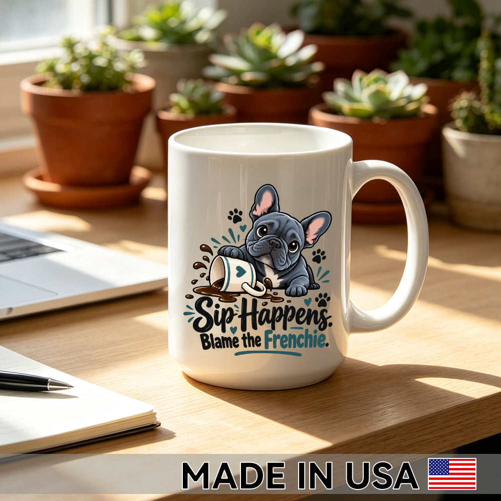 Sip Happens. Blame the Frenchie. — French Bulldog Coffee Mug