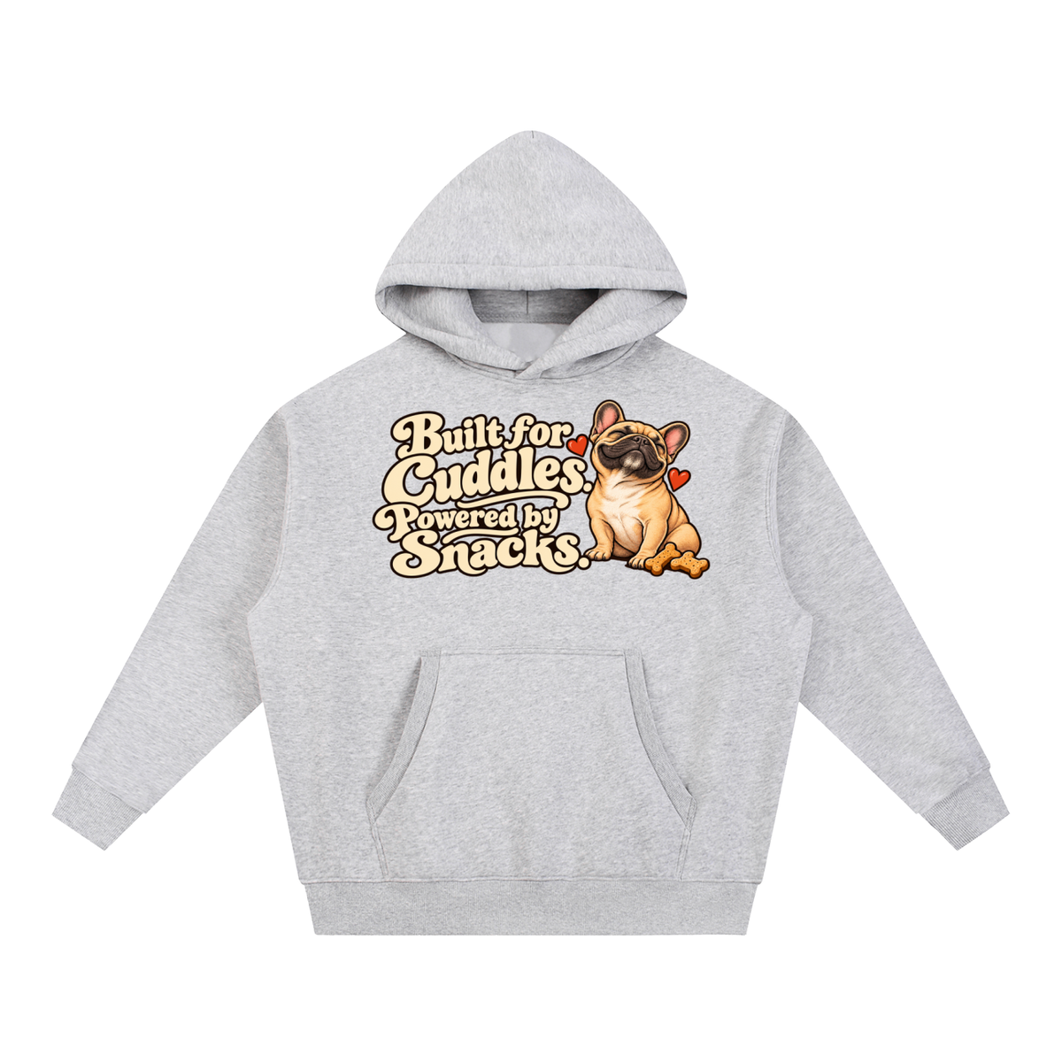Flower Gray French Bulldog hoodie showing the Built for Cuddles. Powered by Snacks front artwork.