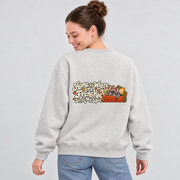 Model wearing a oat gray French Bulldog sweatshirt with Home Is Where My Frenchie Steals My Spot on the back