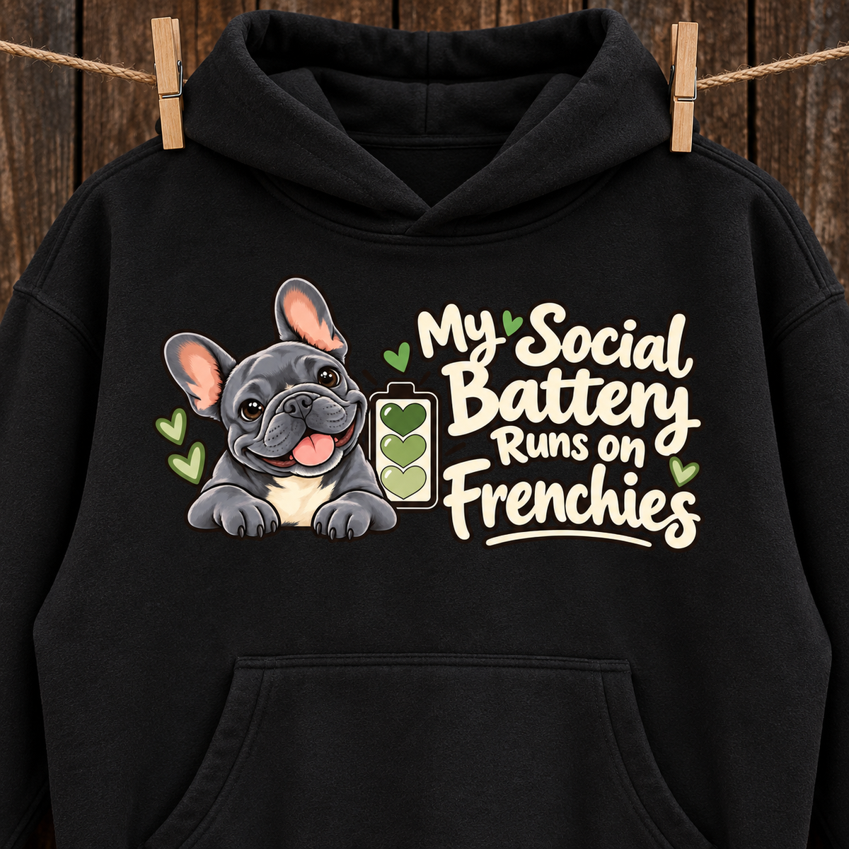 Close-up of the My Social Battery Runs on Frenchies front print on a black French Bulldog hoodie.