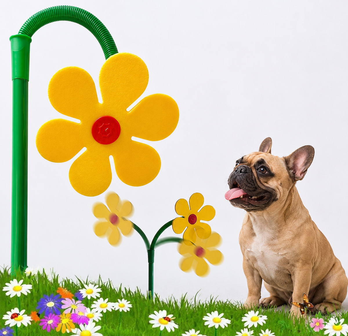 Daisy garden sprinkler with a flexible neck and a ground stake