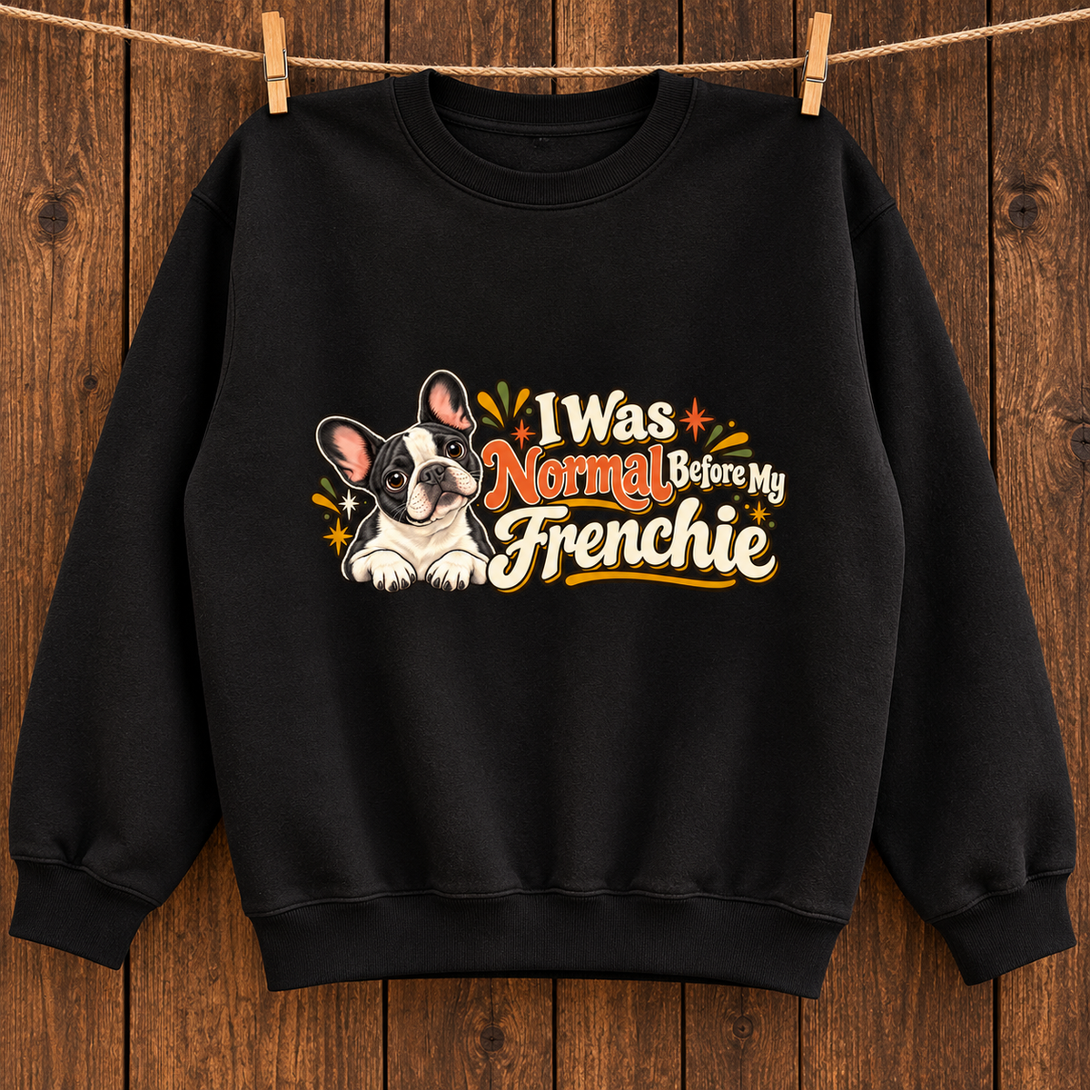 Model wearing a black French Bulldog sweatshirt with I Was Normal Before My Frenchie on the front
