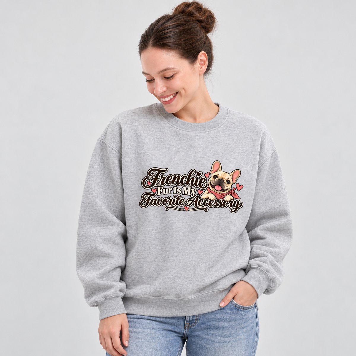 Close-up of Frenchie Fur Is My Favorite Accessory front artwork on a flower gray fleece sweatshirt