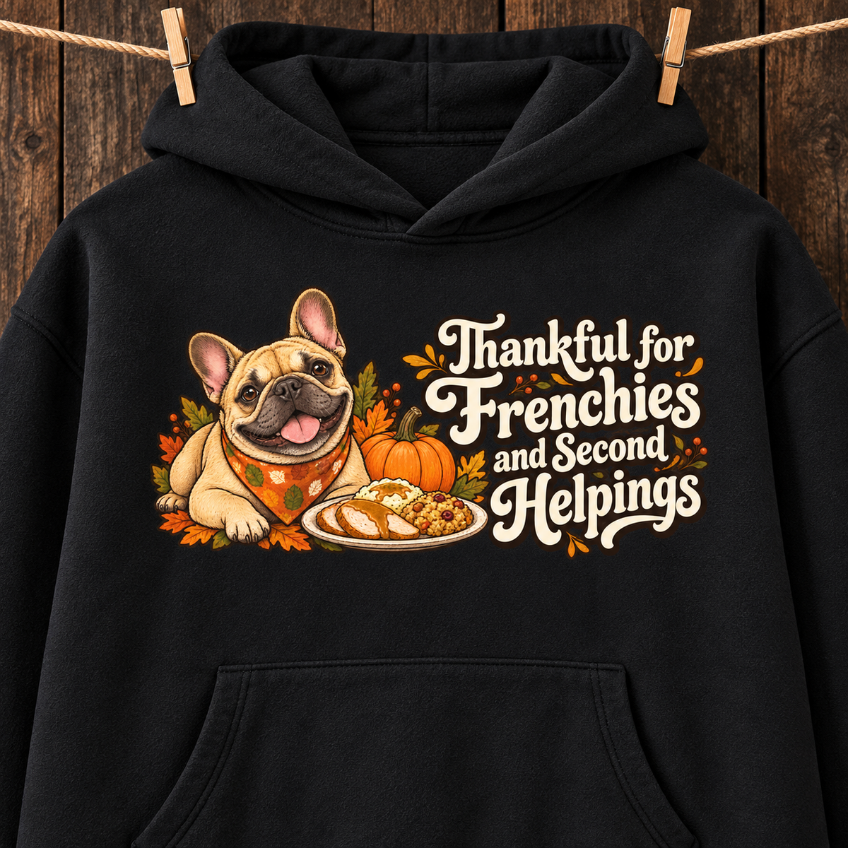 Close-up of the Thankful for Frenchies and Second Helpings front print on a black French Bulldog hoodie.