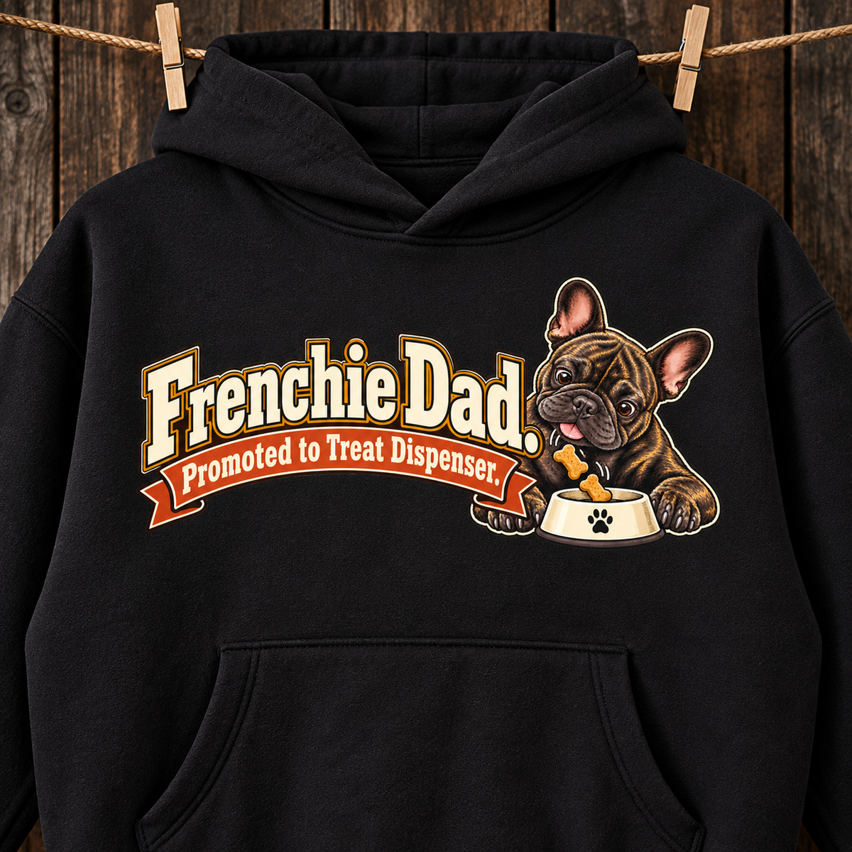 Woman wearing a black French Bulldog hoodie with the Frenchie Dad. Promoted to Treat Dispenser front print.