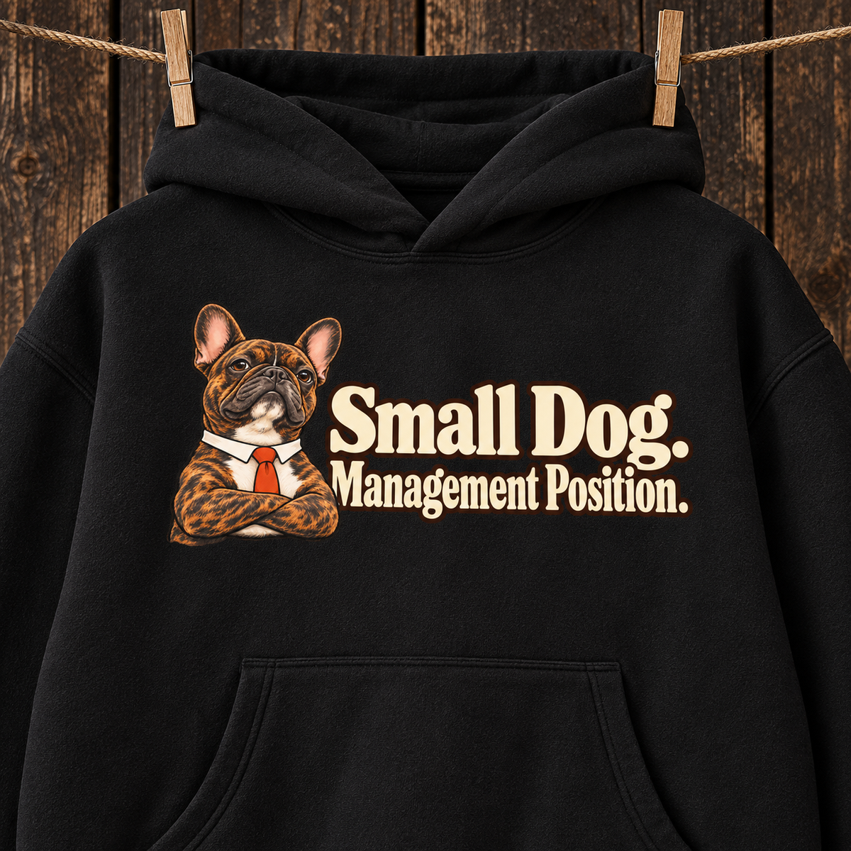 Woman wearing a black French Bulldog hoodie with the Small Dog. Management Position front print.