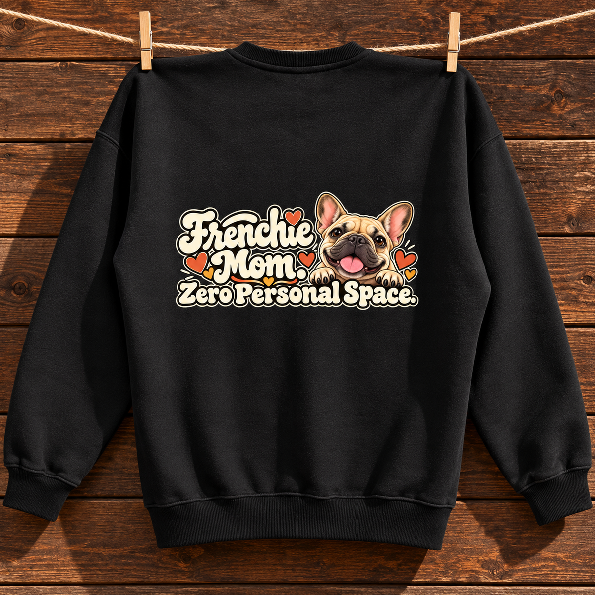 Close-up of Frenchie Mom. Zero Personal Space. back artwork on a black fleece sweatshirt