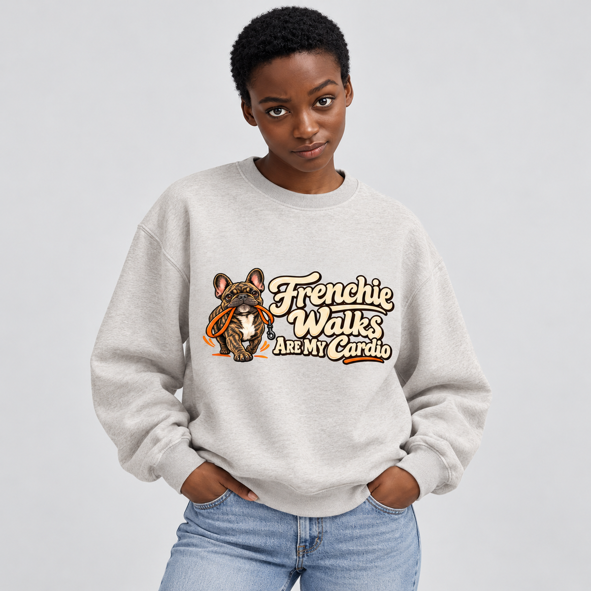 Model wearing a oat gray French Bulldog sweatshirt with Frenchie Walks Are My Cardio on the front