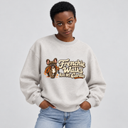 Model wearing a oat gray French Bulldog sweatshirt with Frenchie Walks Are My Cardio on the front