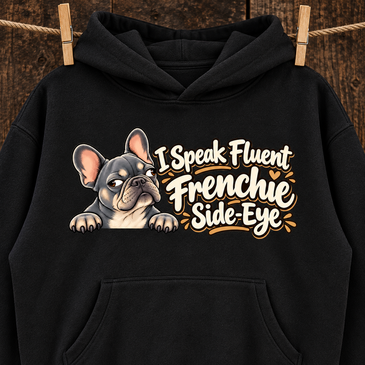 Close-up of the I Speak Fluent Frenchie Side-Eye front print on a black French Bulldog hoodie.