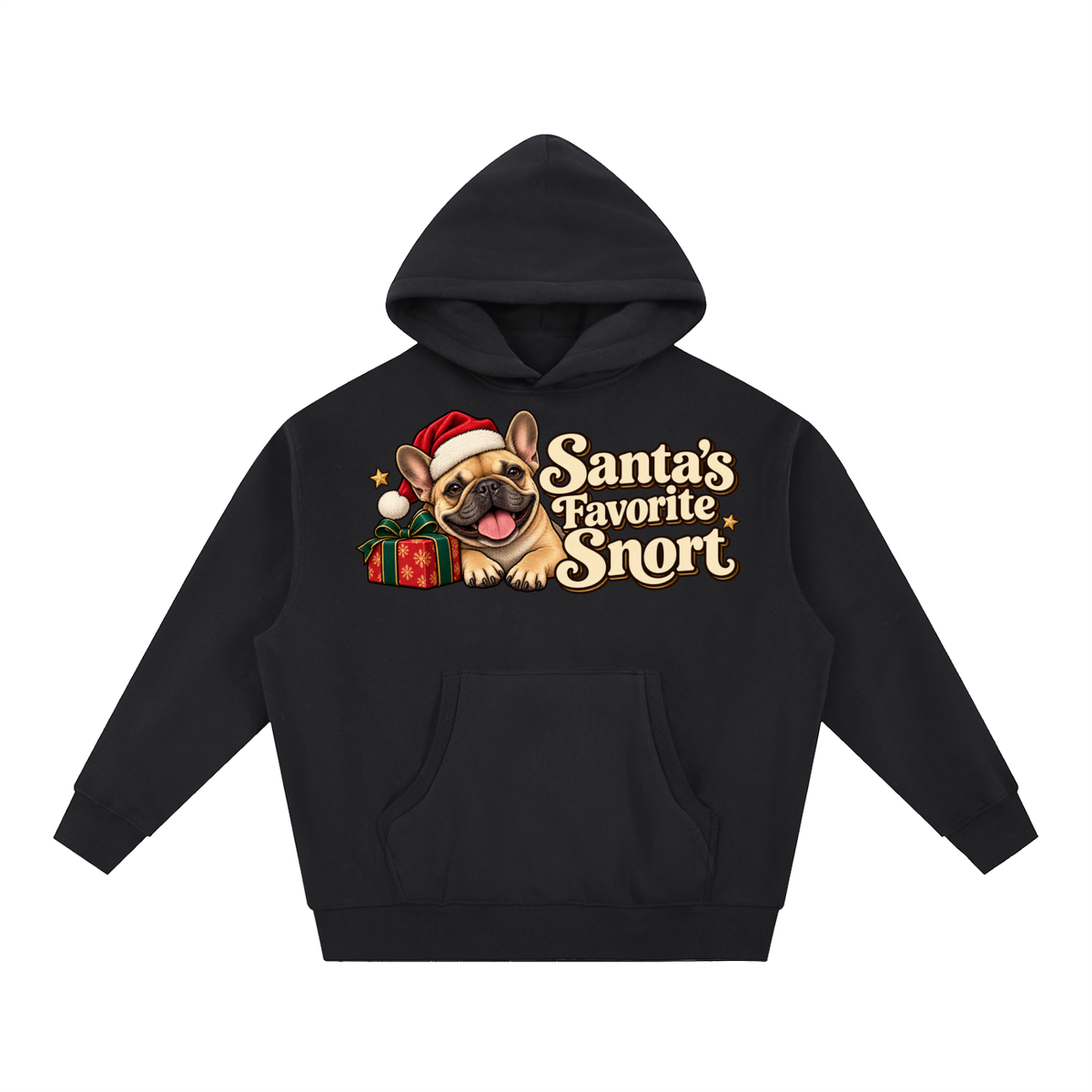 Black French Bulldog hoodie showing the Santa's Favorite Snort front artwork.