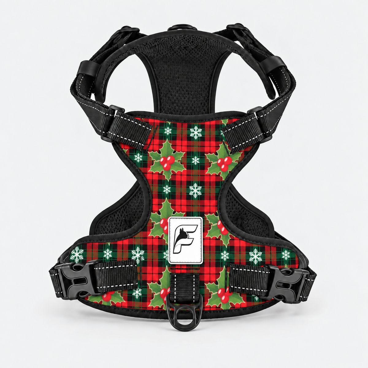 Christmas Tartan French Bulldog harness, red and green tartan no-pull vest with holly and snowflakes