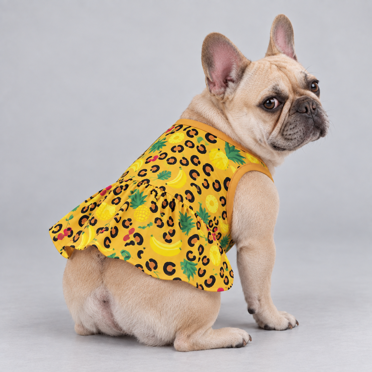 Tropical Leopard Fruit French Bulldog Ruffle Dress
